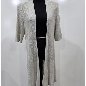 Eileen Fisher Grey Cream Linen Blend Cardigan Marled Long Knit Sweater Size L
